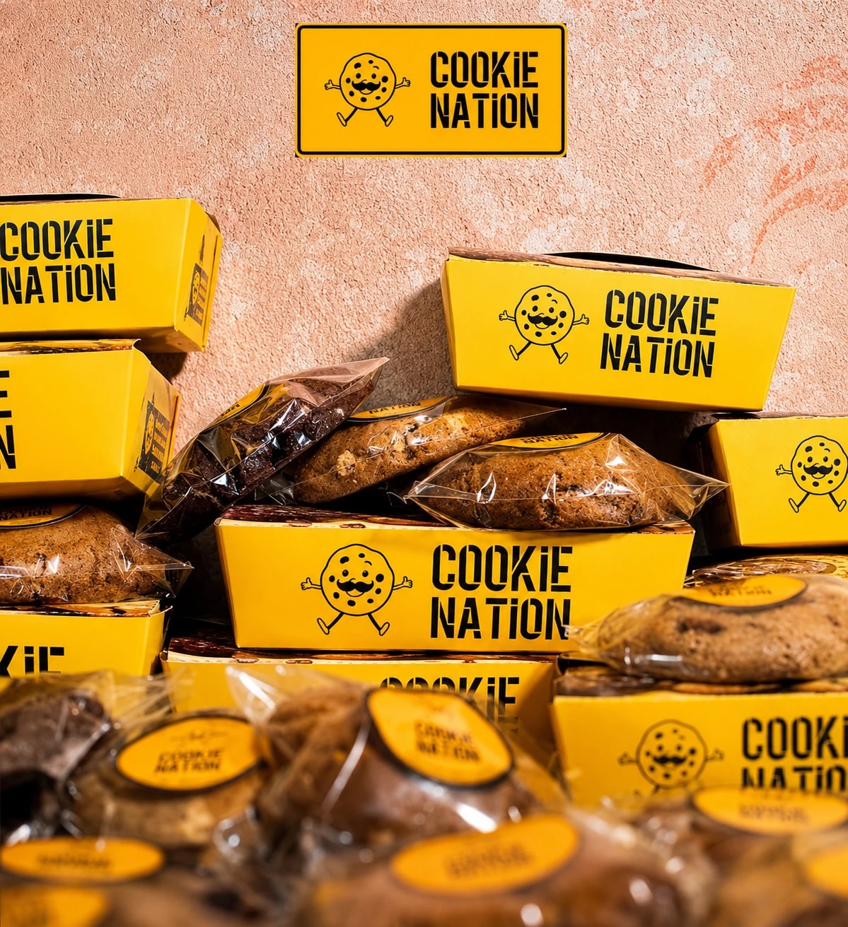 Caixas e cookies embalados da Cookie Nation empilhados, com a placa da marca na parede